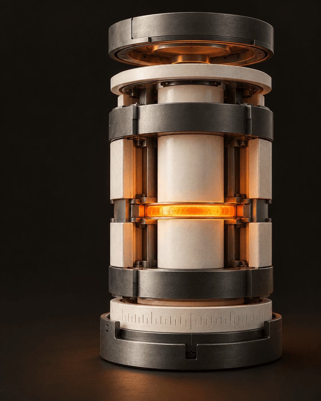 Architectural cutaway of a ceramic and graphite kiln core with an orange light seam